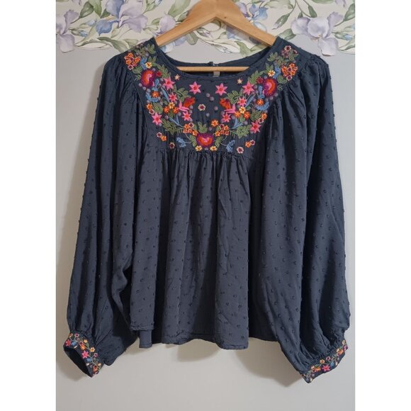 Anthropologie Luna Moon Medium Blue Boho Colorful Embroidered Peasant Top - Picture 1 of 5